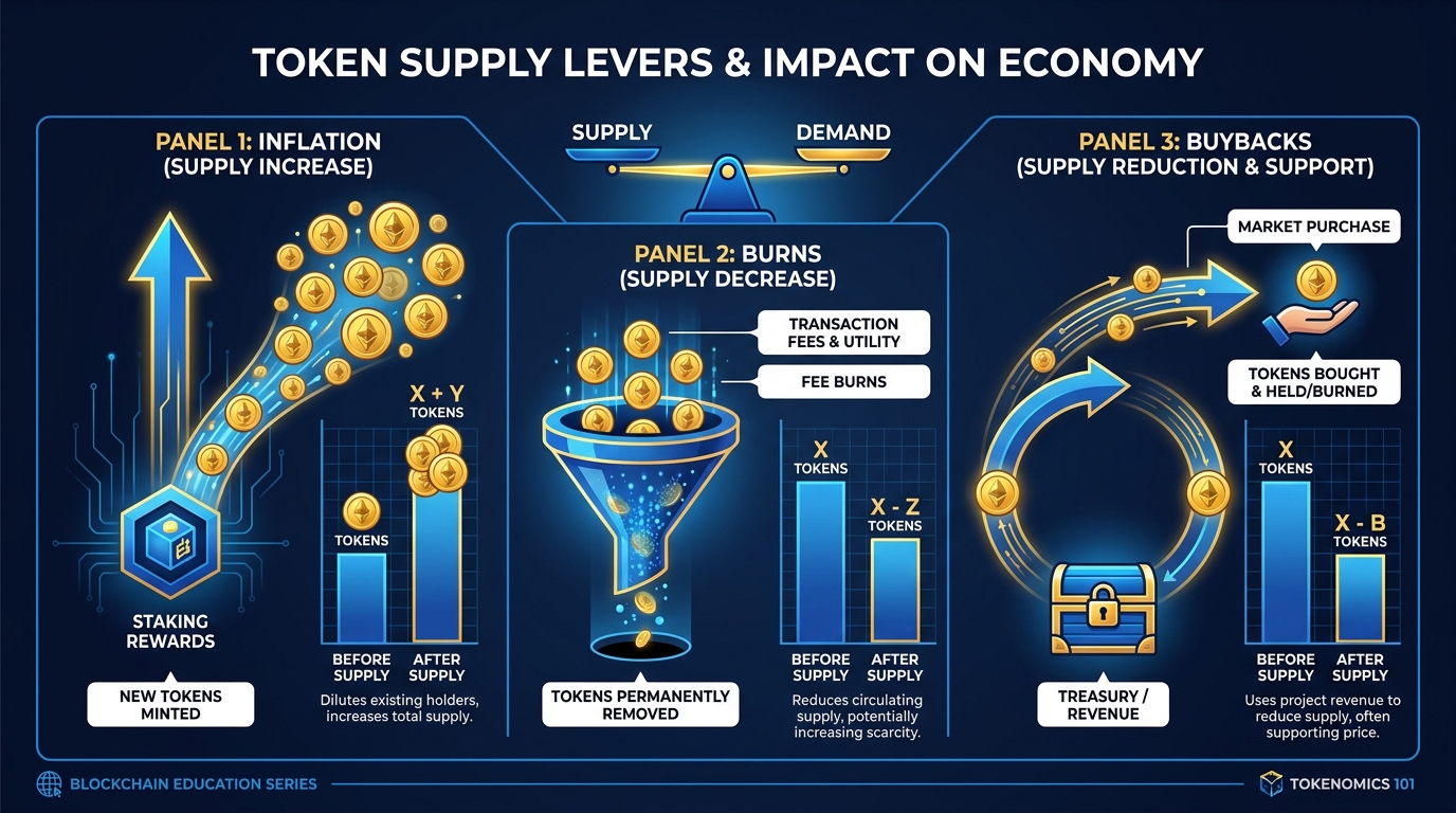 Three-panel diagram showing inflation as expanding supply arrow, burn as supply reduction funnel, and buyback as a price support mechanism, with real-world analogies to central bank policy and corporate finance
