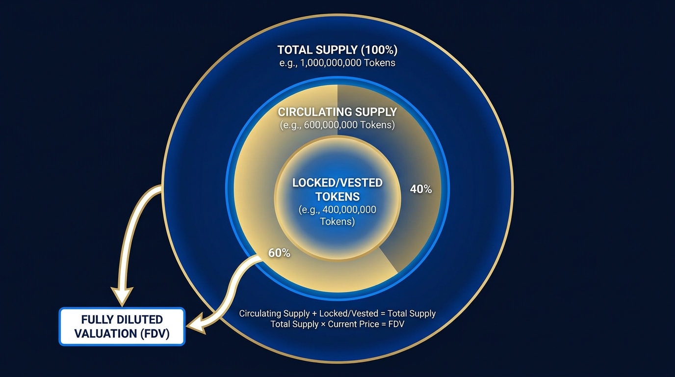Diagram showing the relationship between total supply, circulating supply, locked supply, and fully diluted valuation with numerical examples