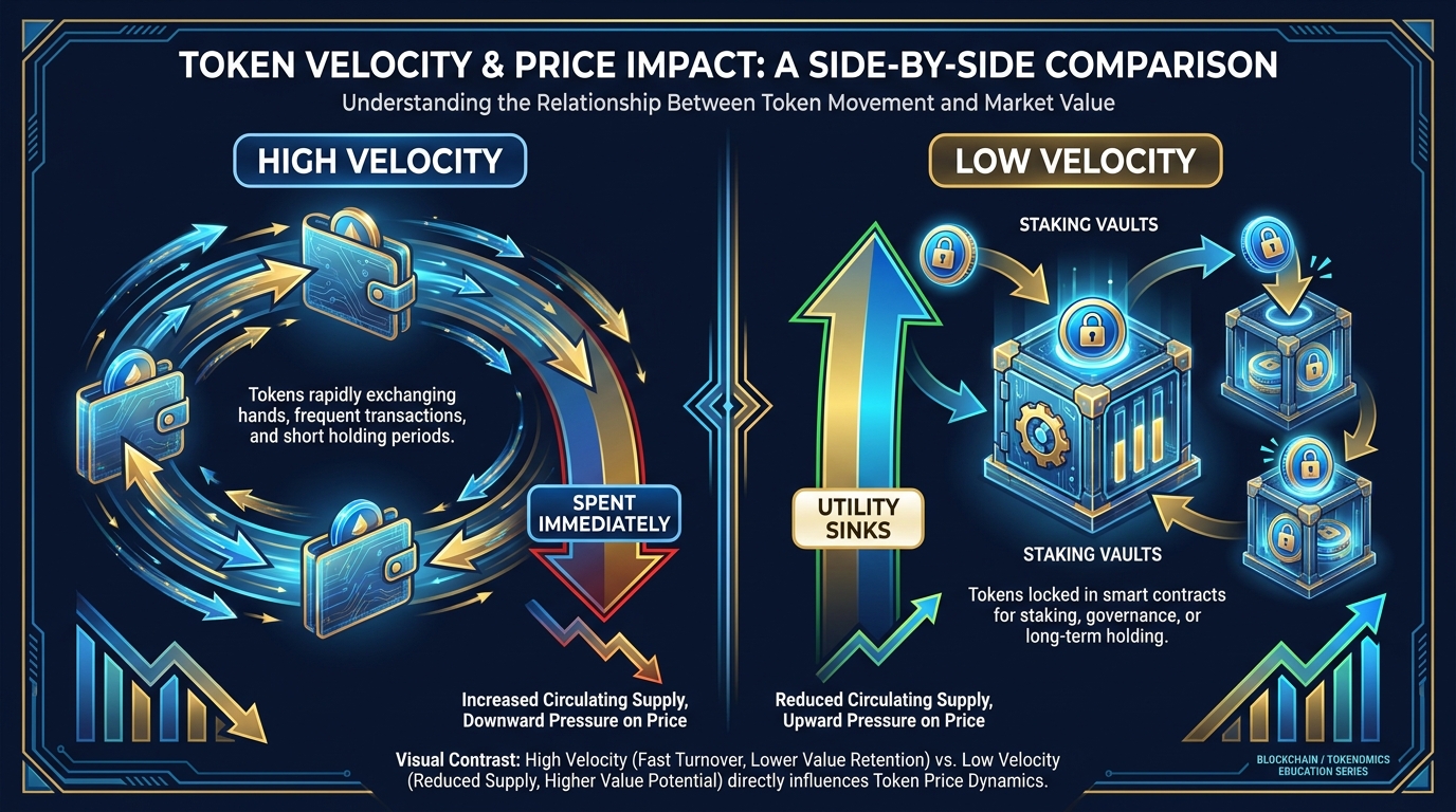 Two side-by-side diagrams showing a high-velocity token (tokens flow instantly through the system with no holding) vs a low-velocity token (tokens are locked in staking, governance, or utility sinks) and their respective price impacts