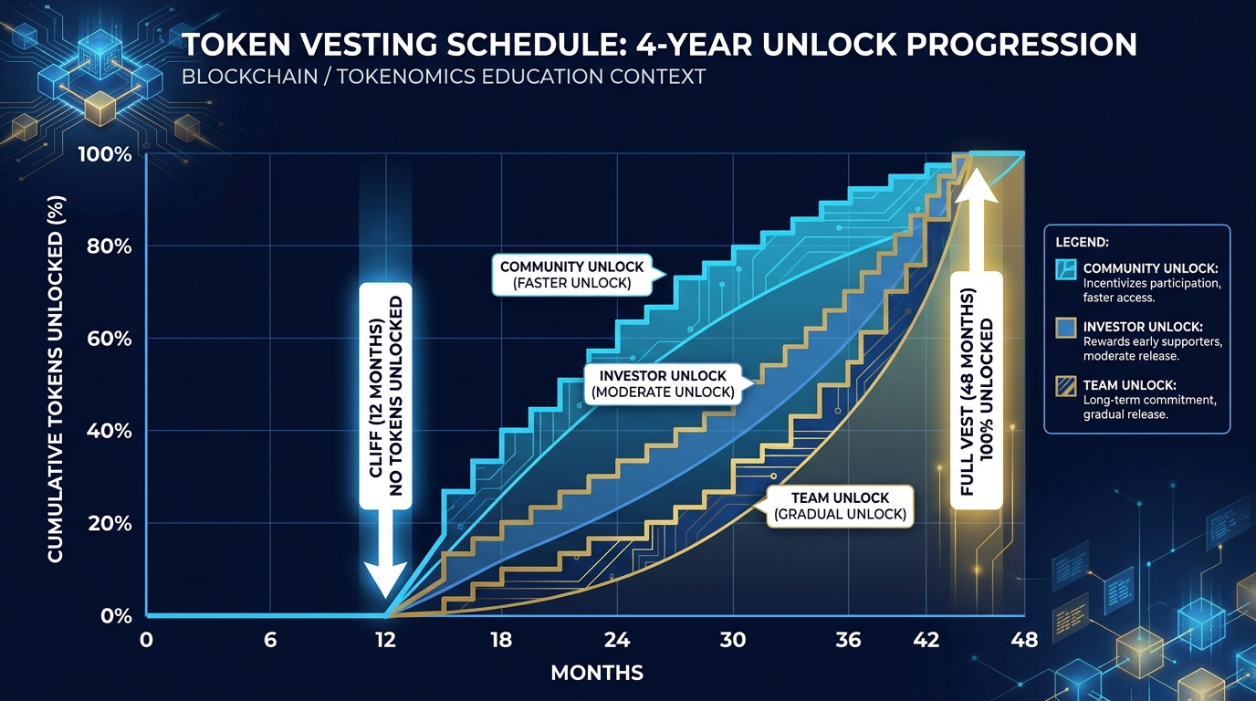 Timeline chart showing a typical 4-year vesting schedule with 1-year cliff, monthly unlocks, and the circulating supply curve that results