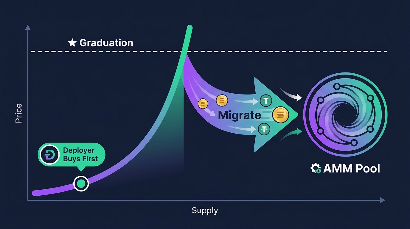 Diagram of a bonding curve showing price rising as tokens are bought, the graduation threshold, and migration of accumulated SOL and tokens into an AMM pool