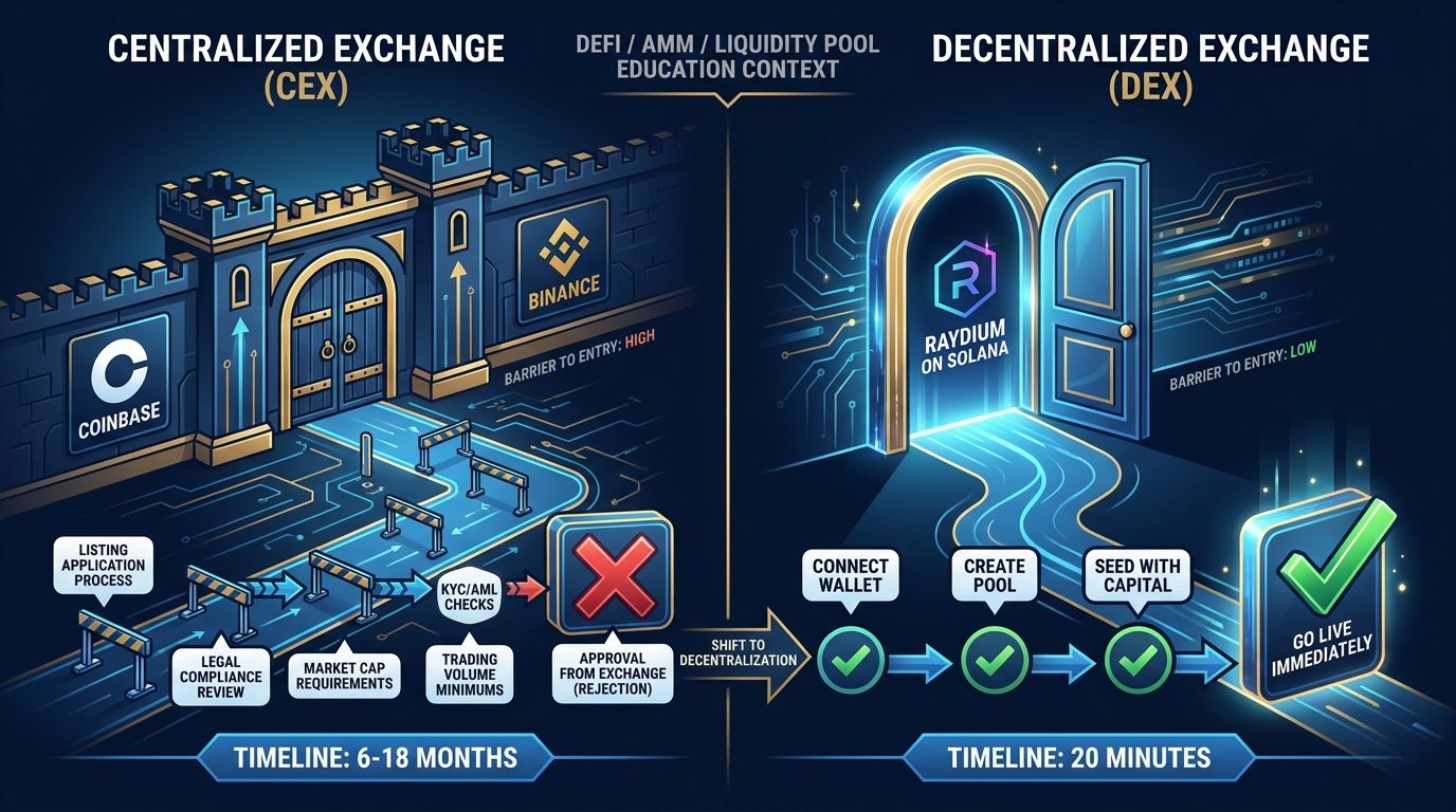 Comparison diagram contrasting CEX gatekeeper model with DEX permissionless access, showing listing requirements versus open pool creation