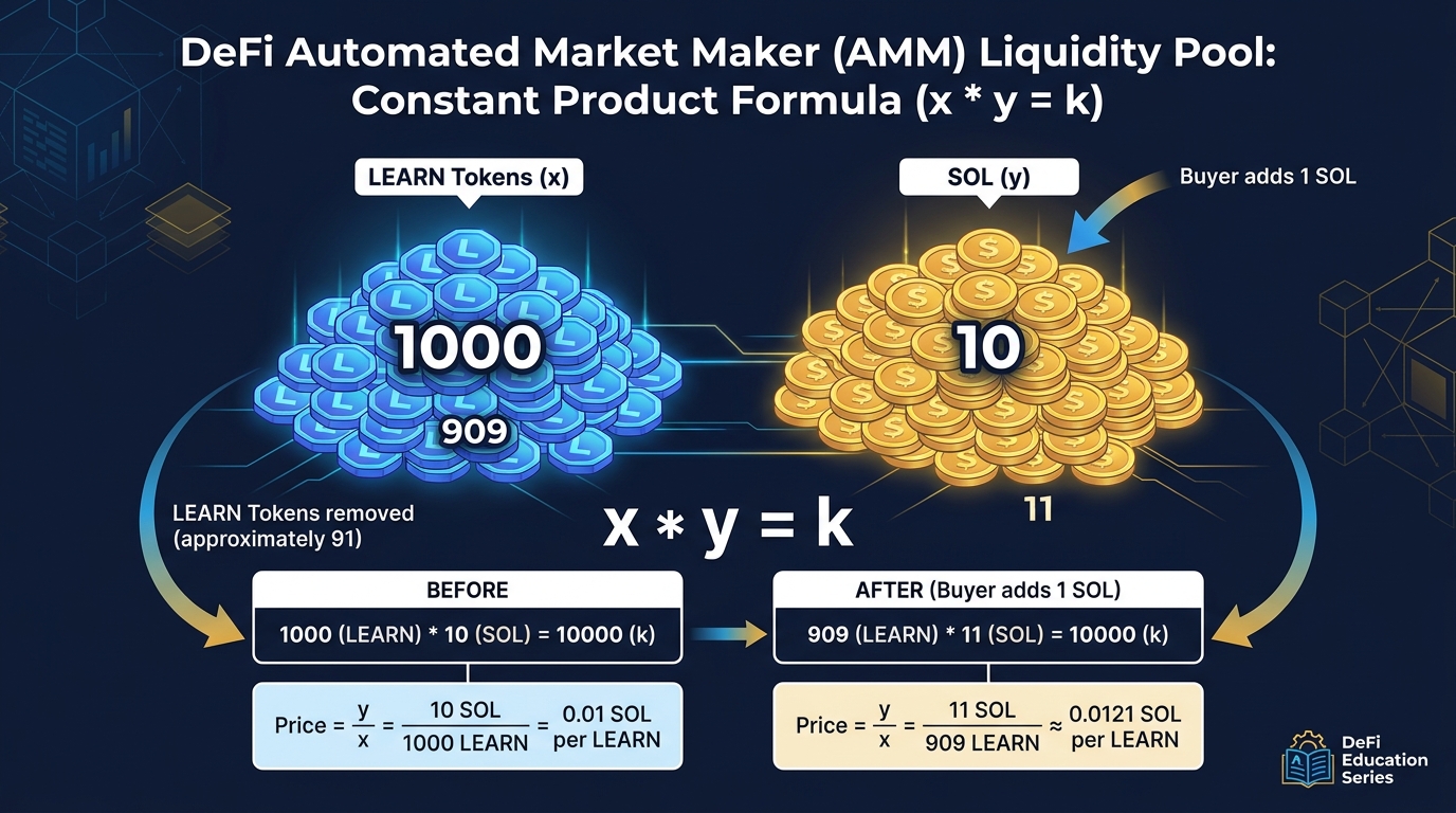 Visual illustration of the x times y equals k constant product formula using two coin piles that resize as trades occur