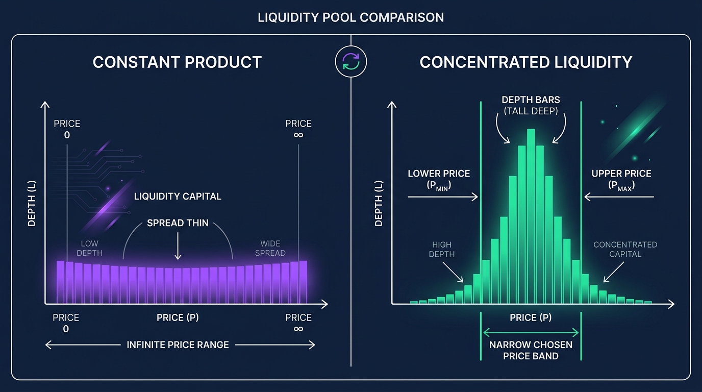 Comparison diagram showing constant product liquidity spread across all prices versus concentrated liquidity focused in a chosen price range with greater depth