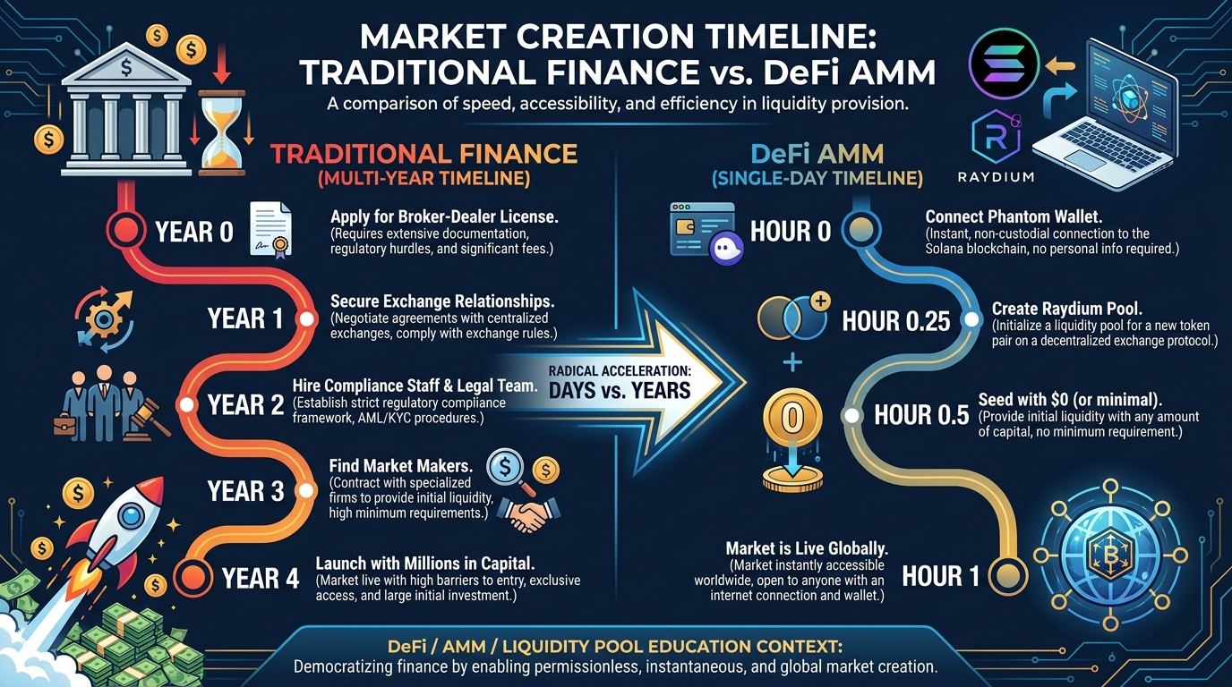 Timeline comparison showing the years and millions required to launch a traditional financial market versus the hours and dollars required to launch a DeFi AMM pool in 2024