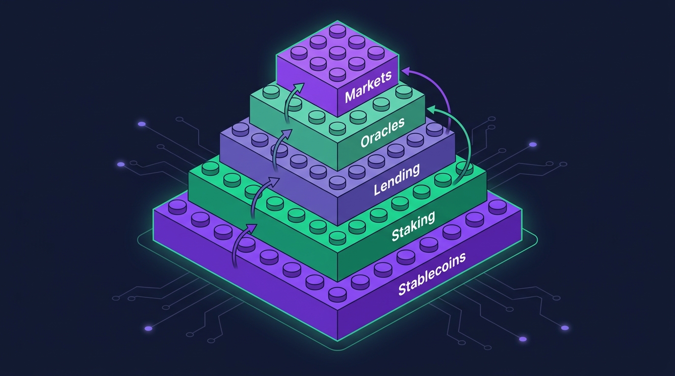 Diagram of the five DeFi primitives as stacked building blocks: stablecoins, staking, lending, oracles, and trading pools, with arrows showing how each can call the others