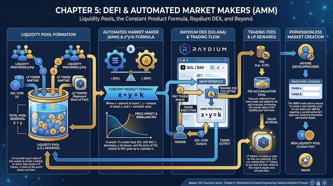 Explainer infographic showing AMM liquidity pools, the constant product formula, and the Raydium platform on Solana