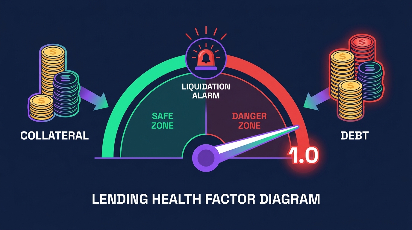 Diagram of an over-collateralized loan showing collateral value, borrowed amount, loan-to-value ratio, and the health factor gauge approaching the liquidation threshold