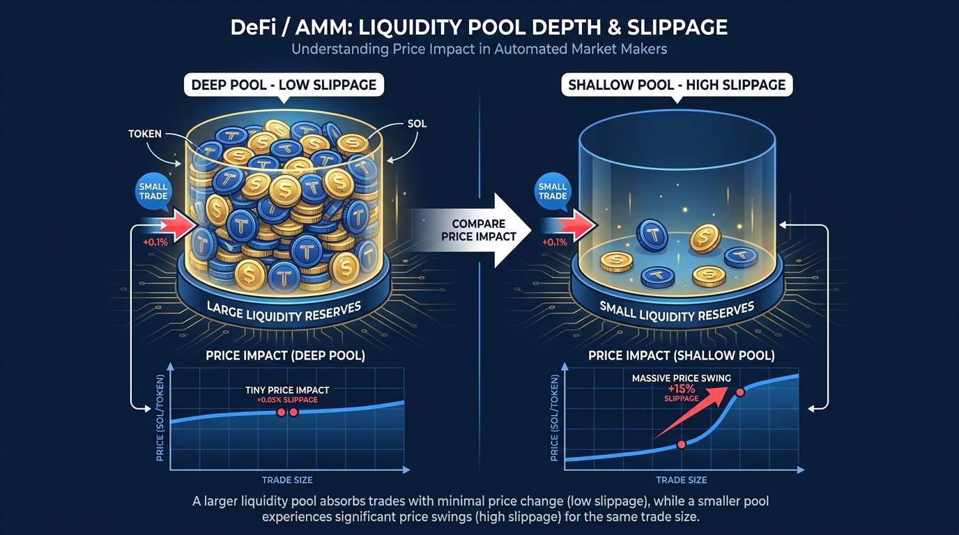 Chart comparing a deep liquidity pool versus a shallow pool and the price impact of a trade in each scenario