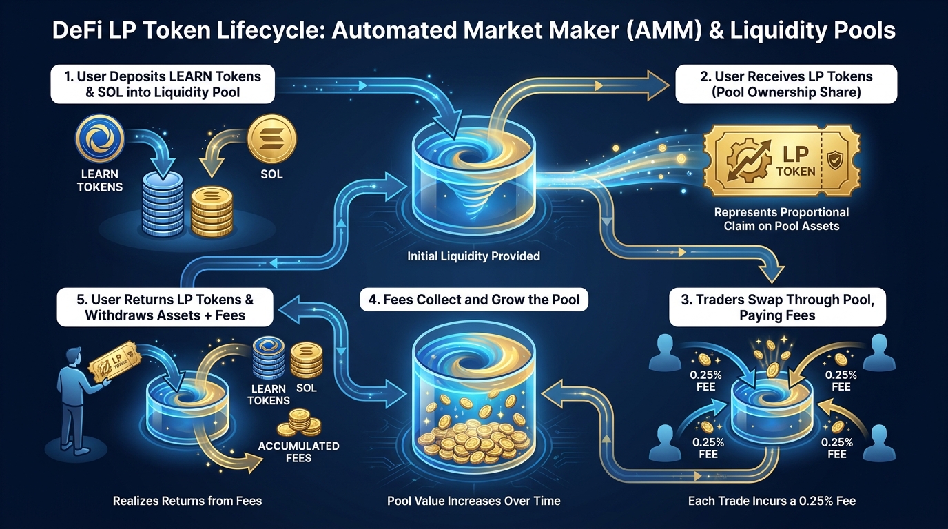 Diagram showing the LP token lifecycle: deposit assets, receive LP tokens, fees accumulate in the pool, withdraw with LP tokens plus earned fees