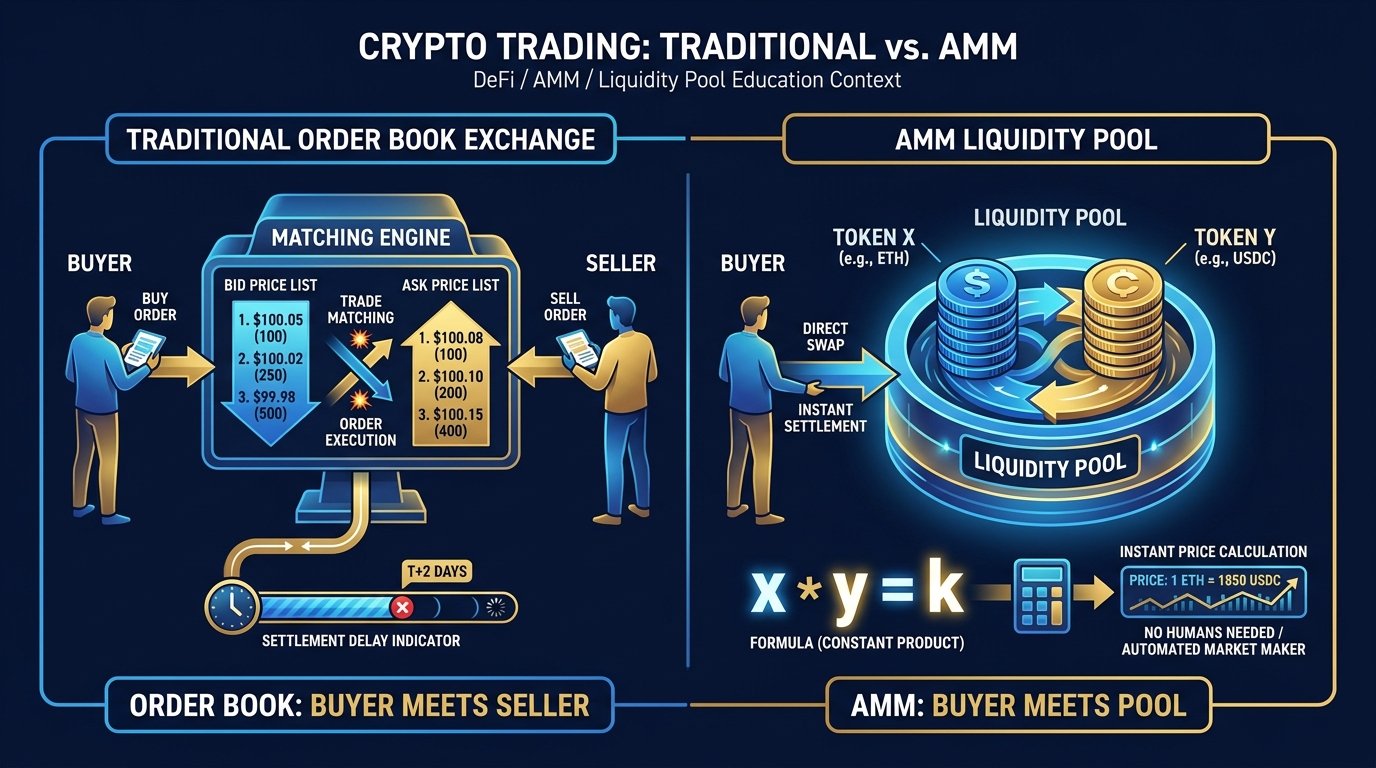 Side-by-side comparison showing how an order book matches buyers and sellers versus how an AMM pool serves as the counterparty for every trade