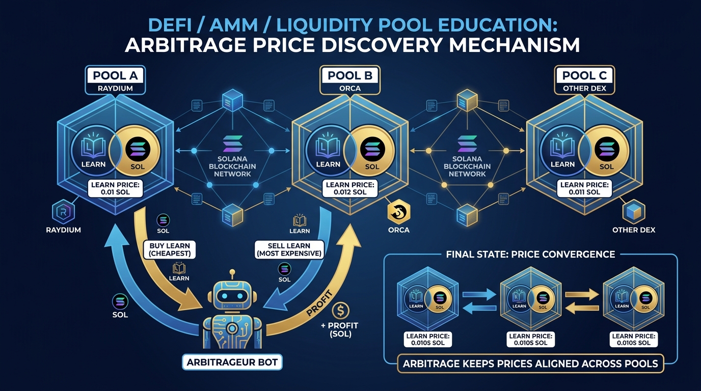Diagram showing how arbitrageurs link multiple liquidity pools to maintain consistent prices across AMM markets
