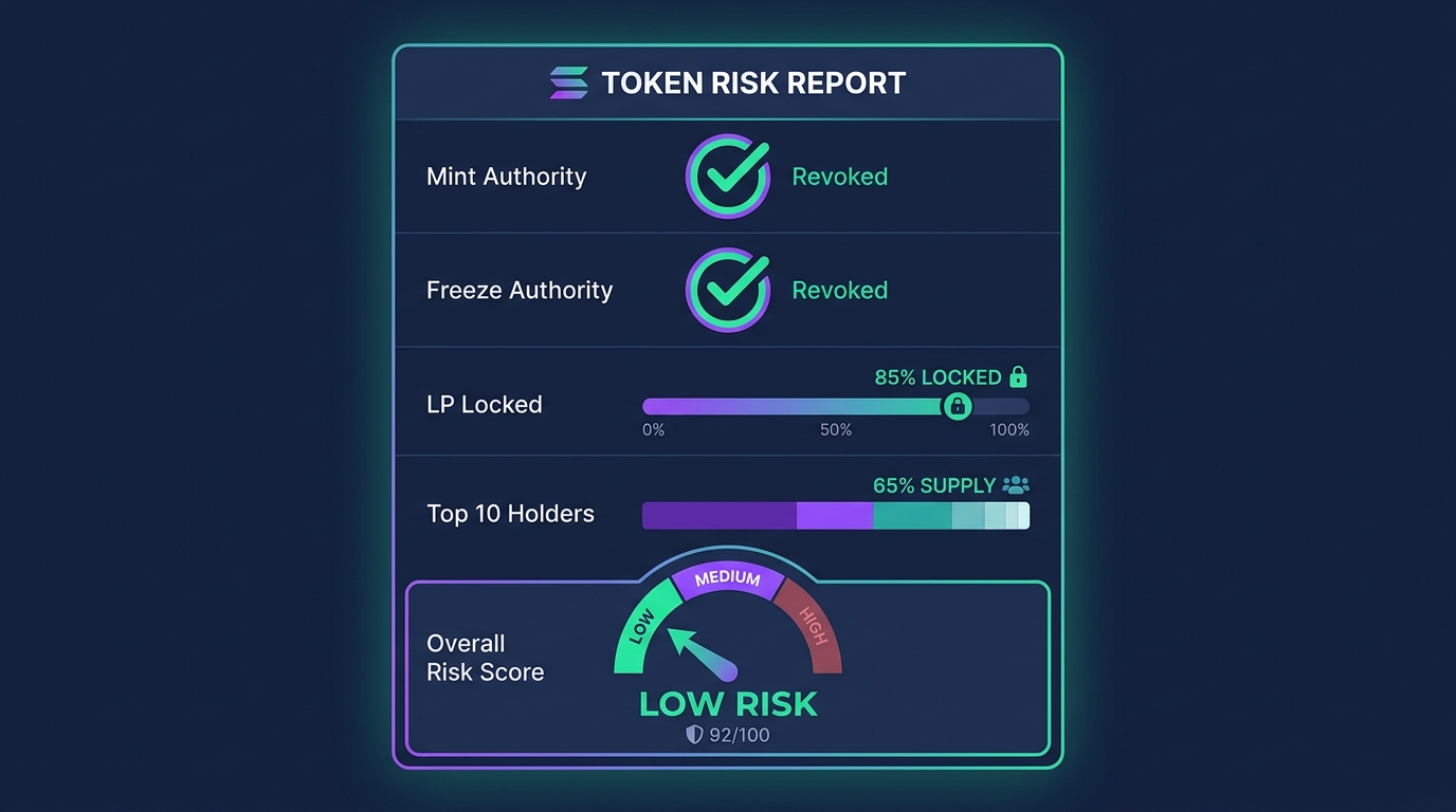 Annotated RugCheck report for a token showing the risk score, mint authority, freeze authority, LP locked percentage, and top holder concentration line items