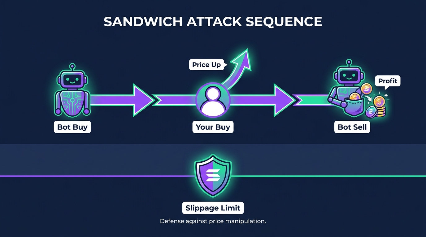 Diagram of a sandwich attack showing a bot's buy transaction placed before a victim's swap and a sell placed after it, extracting the victim's price impact