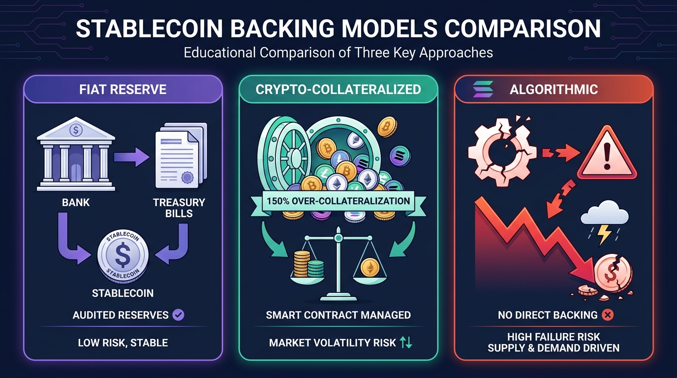 Three-panel comparison of stablecoin backing models: fiat reserves behind USDC, crypto over-collateralization behind DAI, and the failed algorithmic loop behind UST