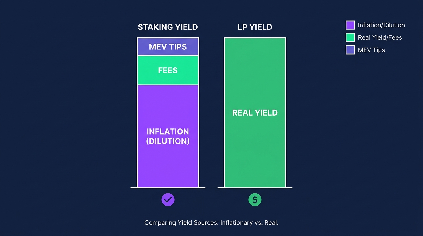 Stacked bar chart decomposing Solana staking yield into inflation emissions, transaction fees, and MEV tips, comparing native staking with liquid staking tokens