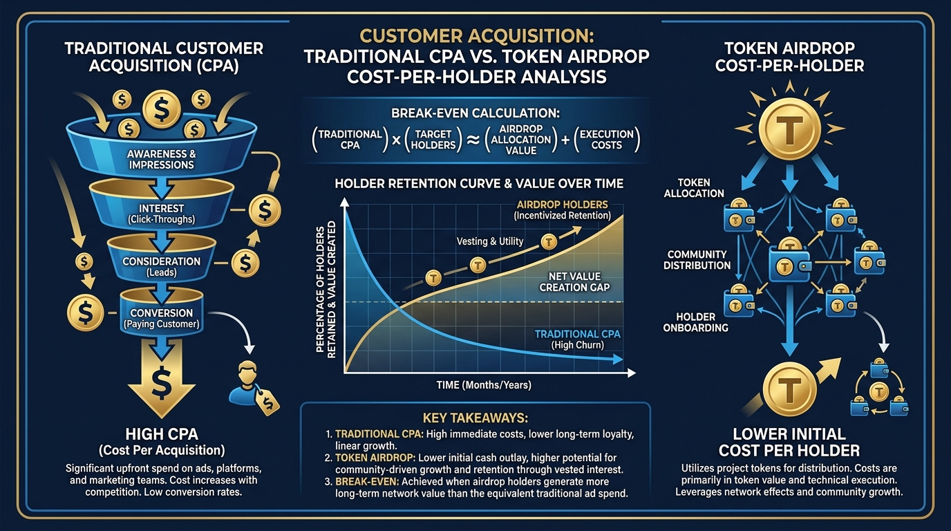 Infographic comparing traditional customer acquisition cost versus airdrop cost-per-holder analysis, with break-even calculation and holder retention curve