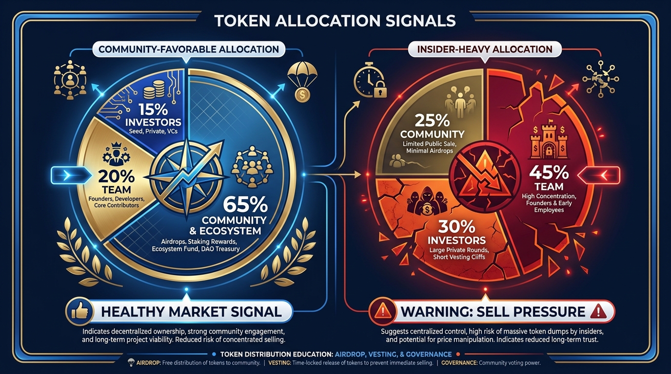 Two pie charts comparing a community-favorable token allocation (20% team, 15% investors, 65% community and ecosystem) versus an insider-heavy allocation (45% team, 30% investors, 25% community)