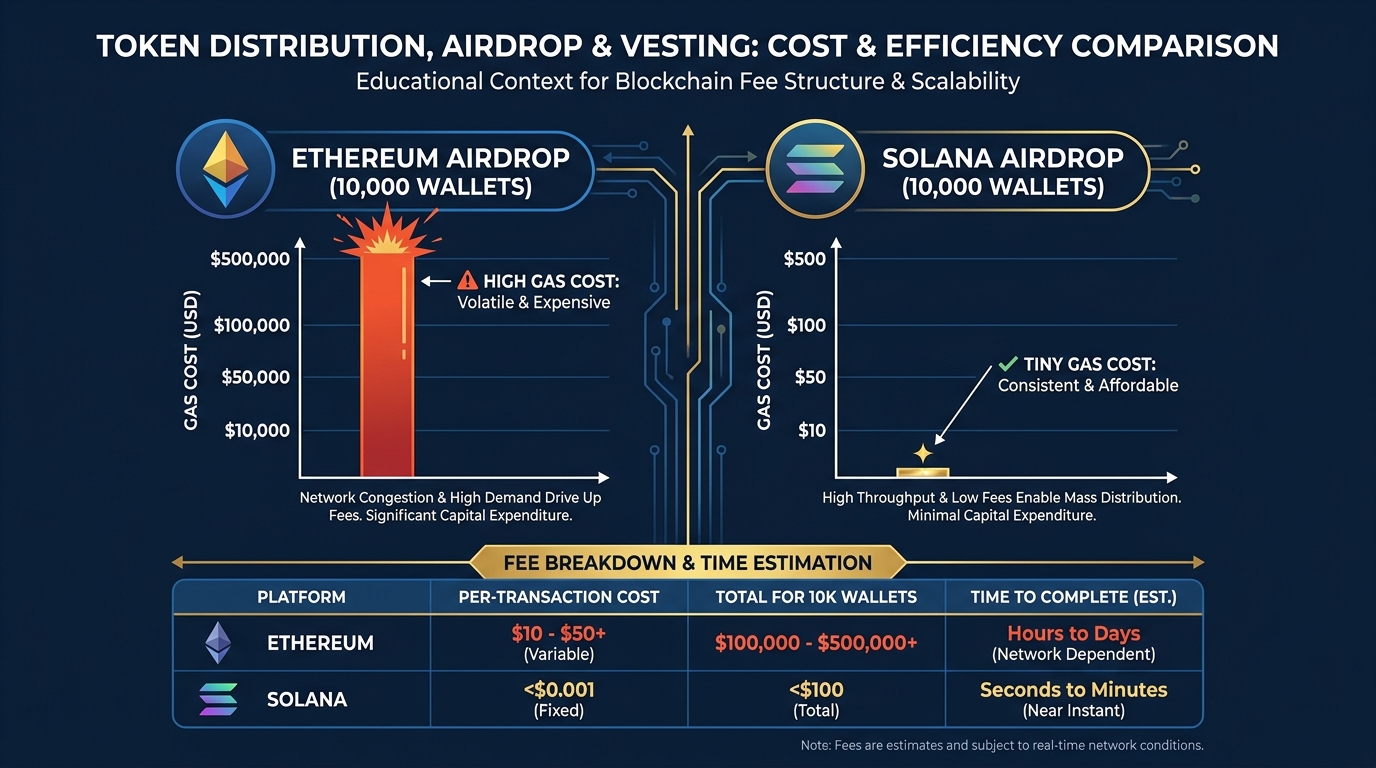 Comparison chart showing the cost of distributing tokens to 10,000 wallets on Ethereum versus Solana, with fee breakdown per transaction and total distribution cost