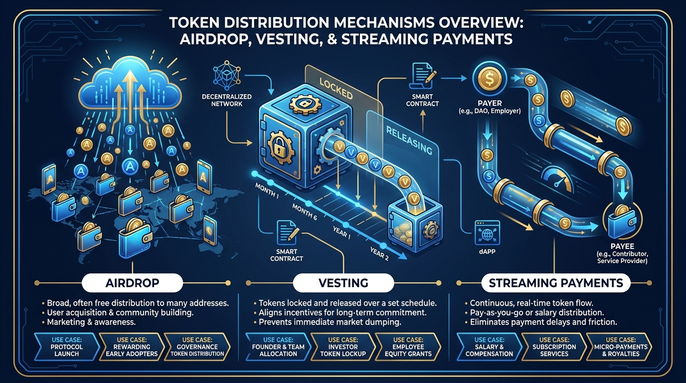 Overview diagram of three token distribution mechanisms: airdrop, vesting, and streaming payments with labeled properties and use cases
