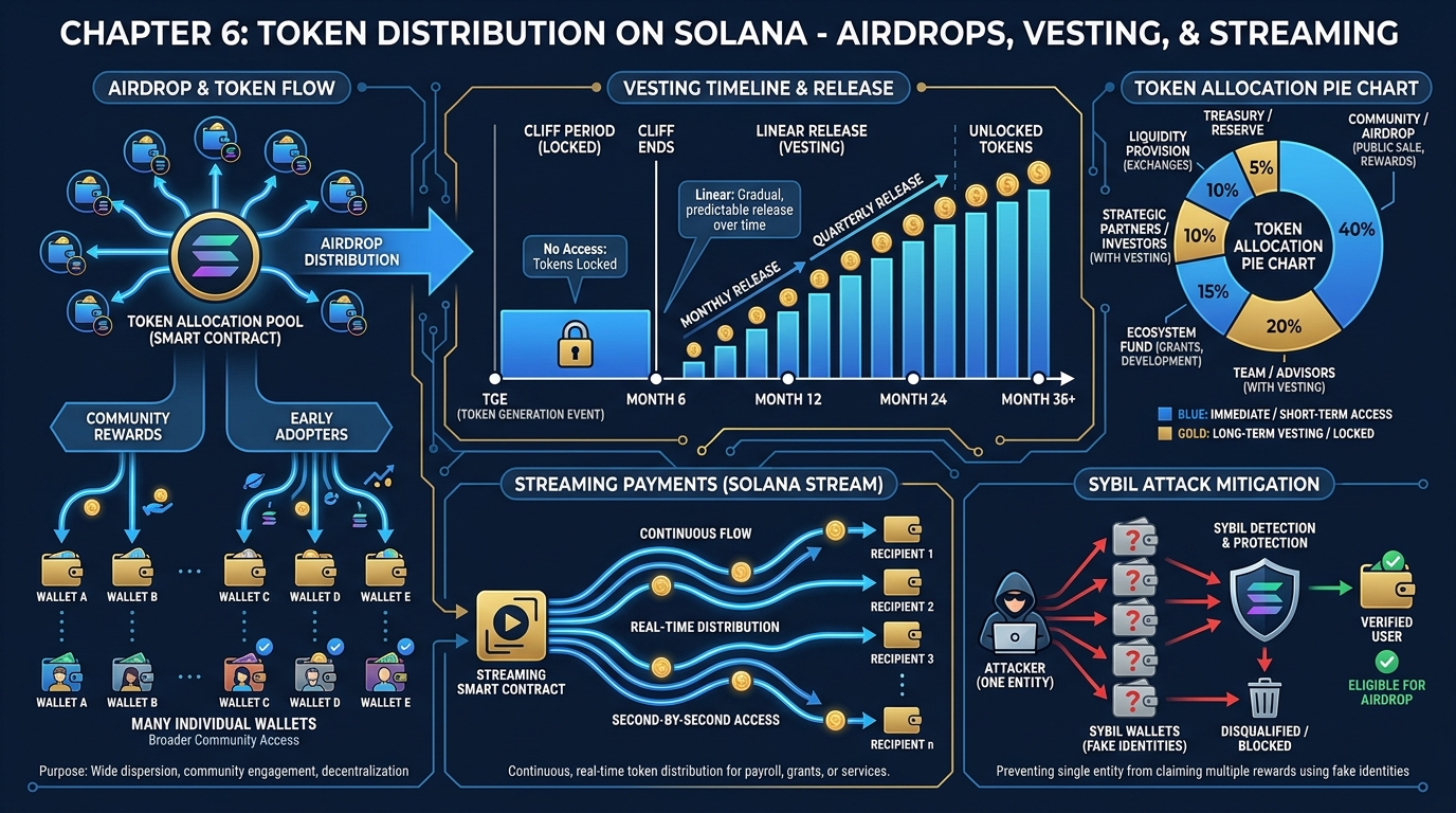 Illustrated explainer infographic showing the full distribution ecosystem — airdrops, vesting schedules, streaming payments, Sybil defense, and allocation pie chart for a token economy