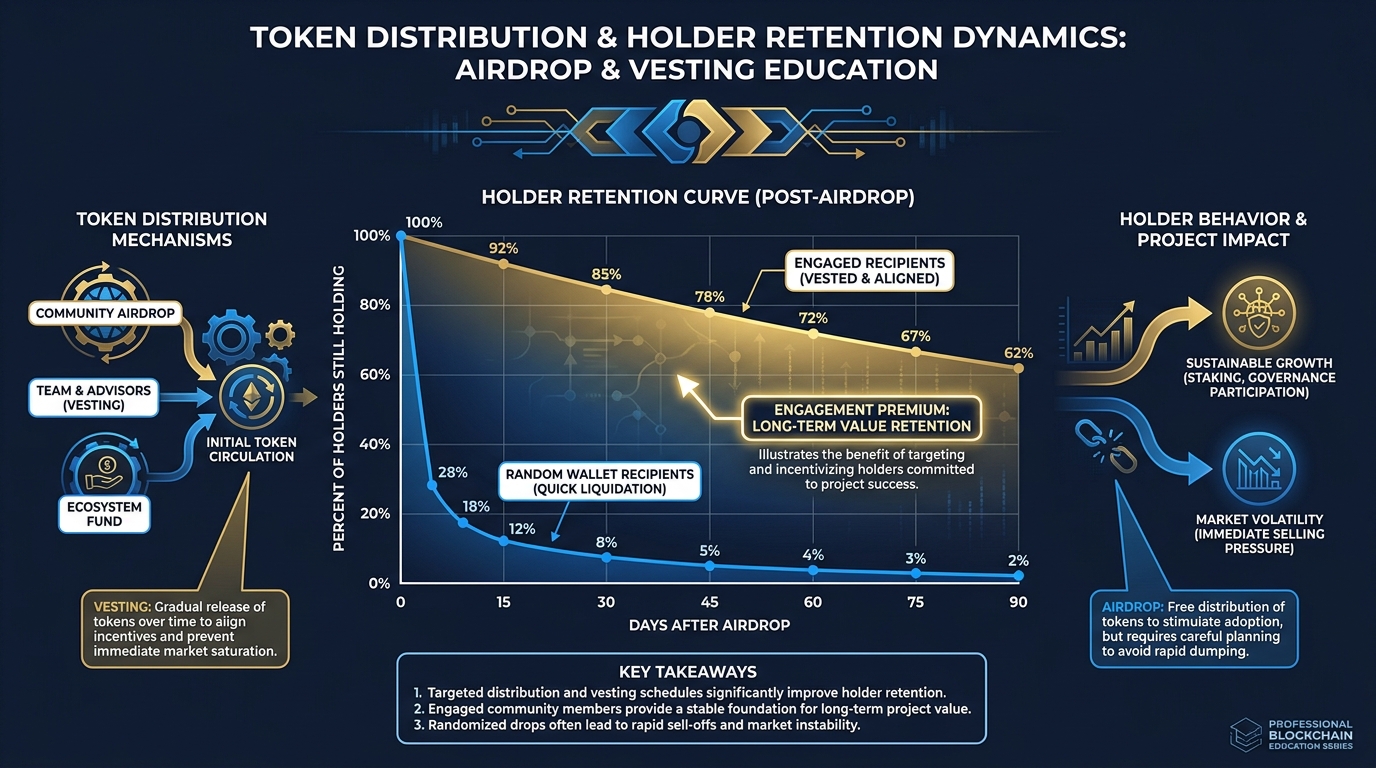 Holder retention curve chart comparing engaged airdrop recipients (slow decay) versus random wallet recipients (rapid sell-off in first 48 hours)