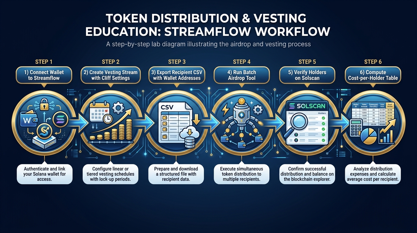 Step-by-step workflow diagram for the Chapter 6 lab showing: connect wallet to Streamflow, create vesting stream, export recipient CSV, run batch airdrop, verify on Solscan, compute cost per holder