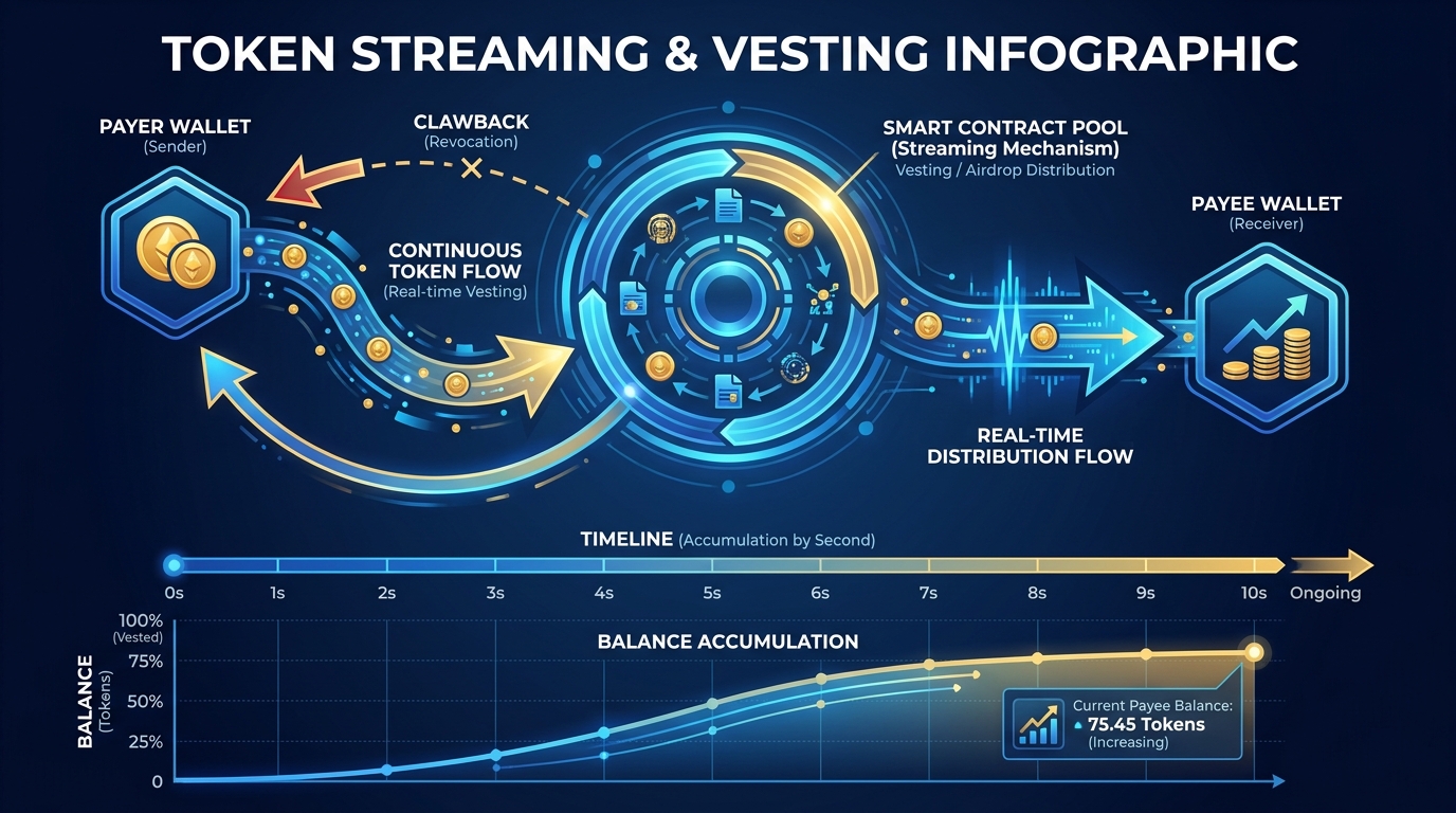 Visual diagram of a streaming payment contract showing real-time token flow from payer to payee, with a clawback window, withdrawal events, and balance at any given timestamp