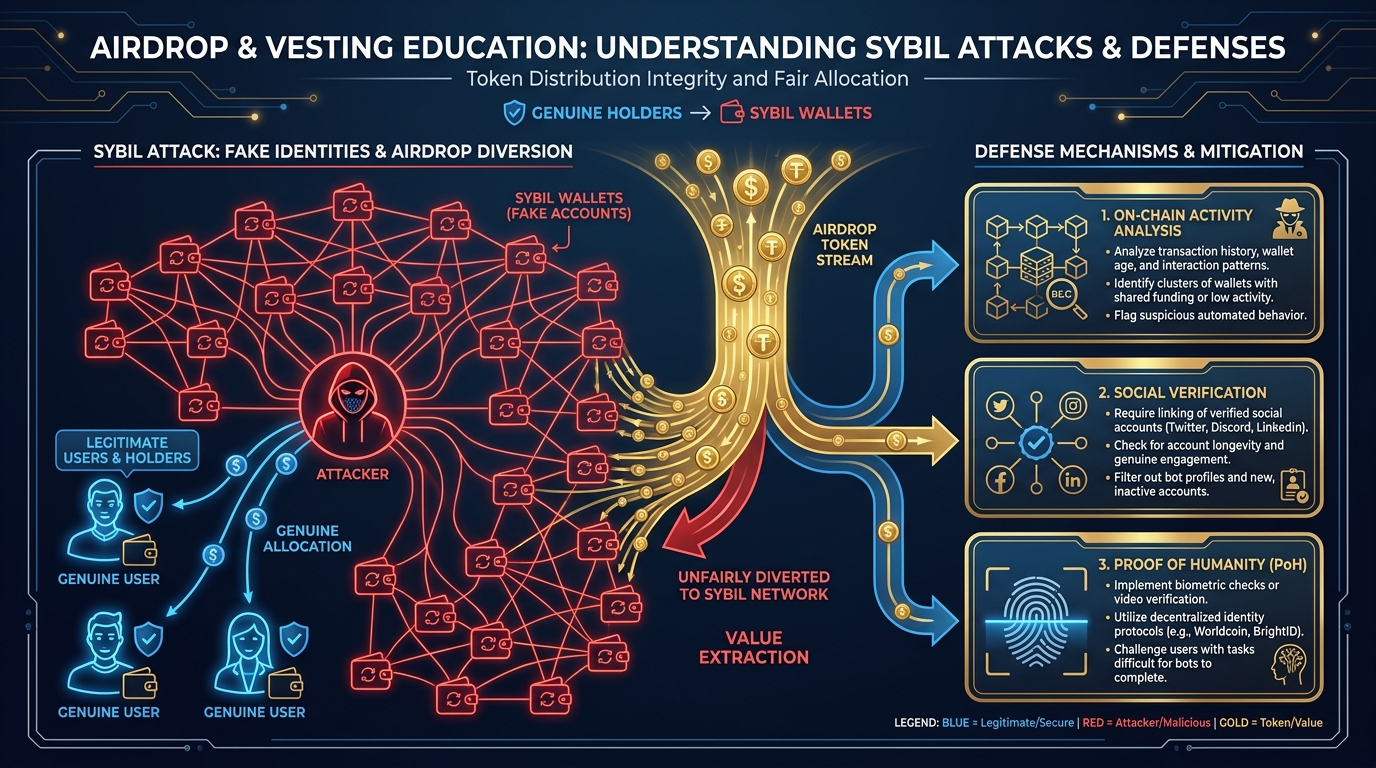 Diagram illustrating a Sybil attack where one attacker controls dozens of fake wallets to claim multiple airdrop allocations, versus legitimate one-wallet-per-person recipients