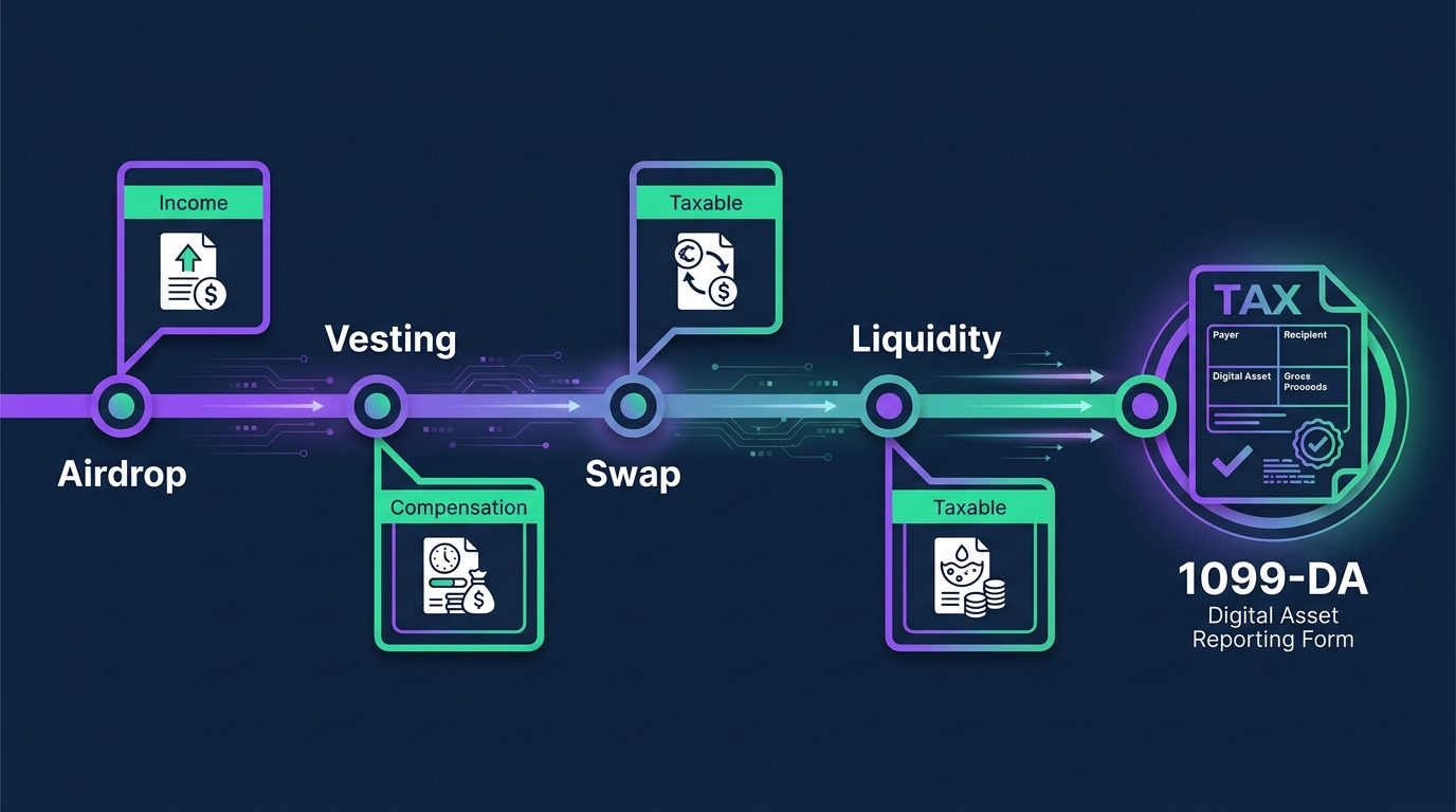 Diagram mapping token distribution events — airdrop receipt, vesting release, streaming withdrawal, swap, and liquidity add or remove — to their U.S. tax treatment as ordinary income, compensation, or capital gain events, with Form 1099-DA reporting flow
