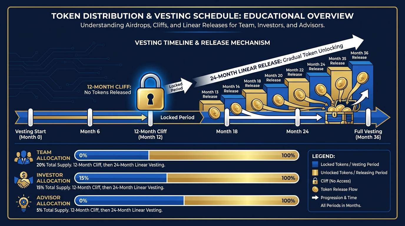 Timeline diagram showing a vesting schedule with 12-month cliff, linear monthly release over 24 months, and total allocation breakdown for team, investors, and advisors