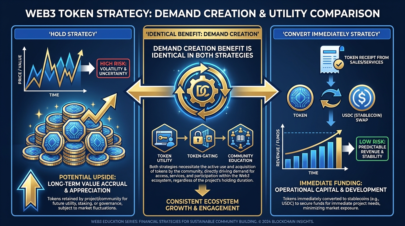 Side-by-side comparison showing hold strategy versus convert-immediately strategy for token payment recipients, with risk and revenue stability analysis