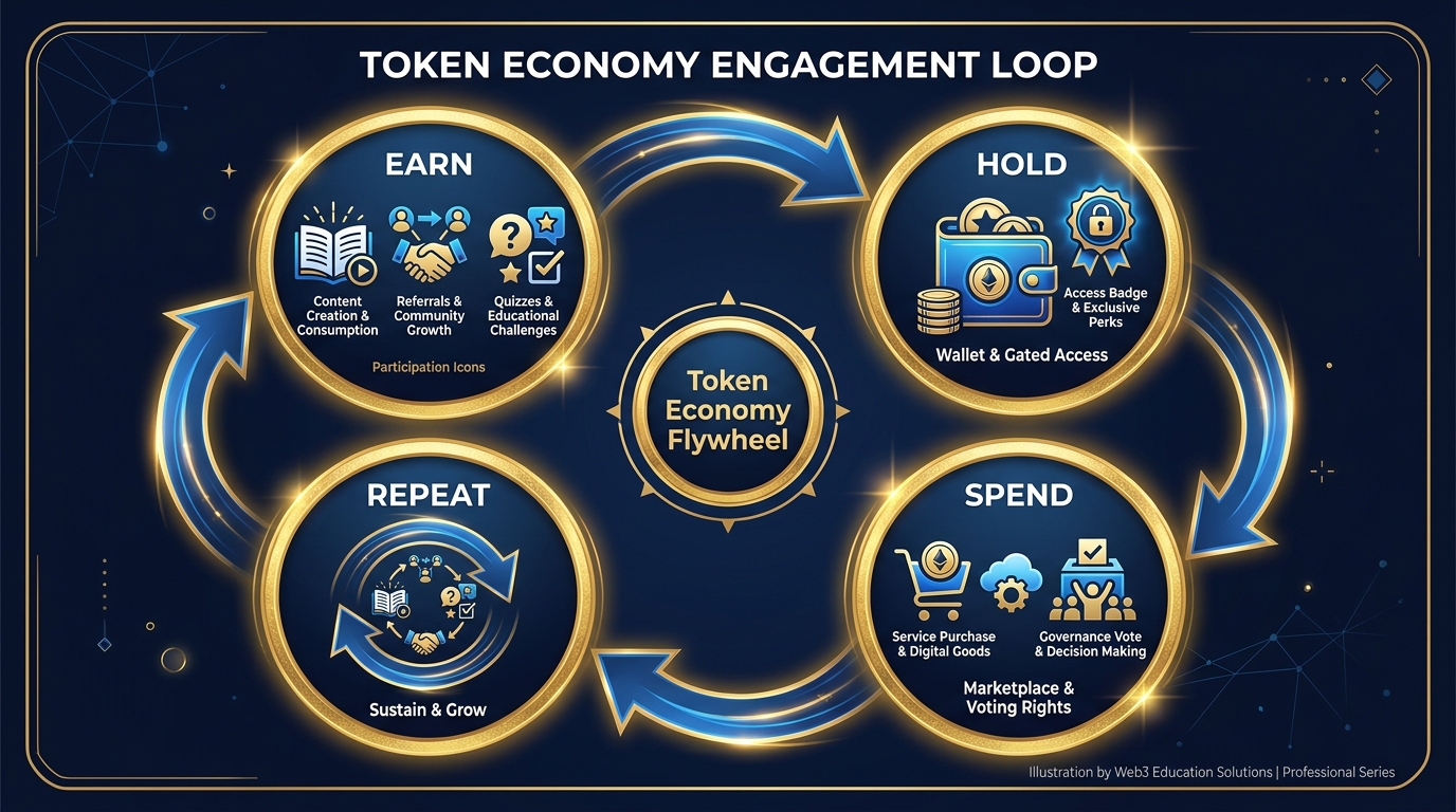 Circular diagram showing the token engagement loop with four stages — earn, hold, spend, repeat — with arrows connecting each stage and labeled examples of each behavior