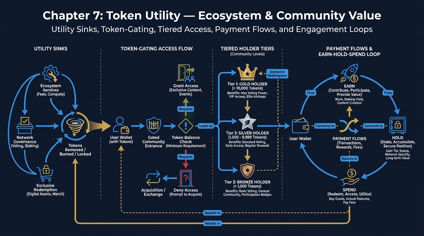 Illustrated explainer infographic showing the full token utility ecosystem — utility sinks, token-gating, tiered tiers, payment flows, and the earn-hold-spend engagement loop