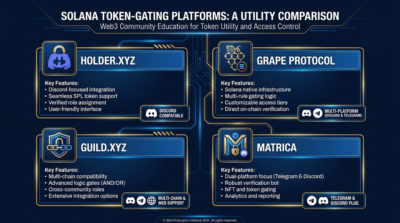 Comparison grid of four Solana token-gating platforms — Holder.xyz, Grape Protocol, Guild.xyz, and Matrica — with their key features and Discord or Telegram compatibility