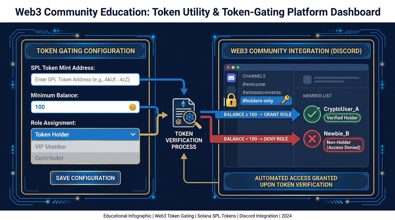 Screenshot-style diagram showing the Holder.xyz dashboard configuration with SPL token address, minimum balance field, role assignment, and Discord channel permission setup