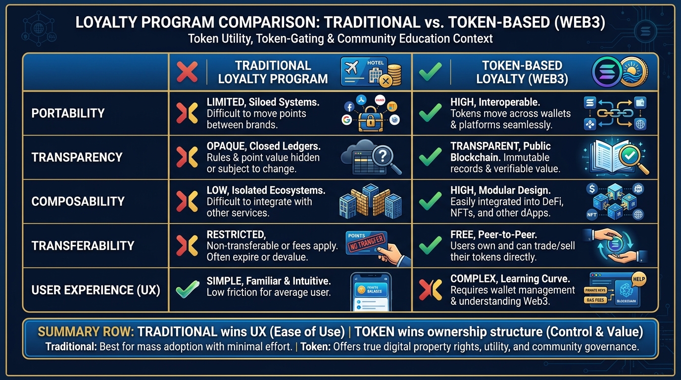 Side-by-side comparison table of traditional loyalty programs versus token-based loyalty, showing portability, ownership, transparency, interoperability, and cost columns