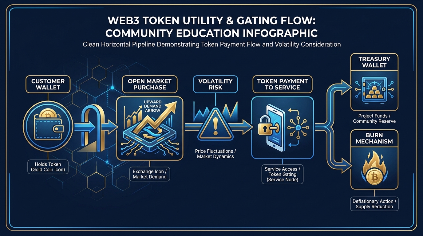 Diagram showing token payment flow from customer wallet through service access point to treasury or burn mechanism, with volatility risk labeled