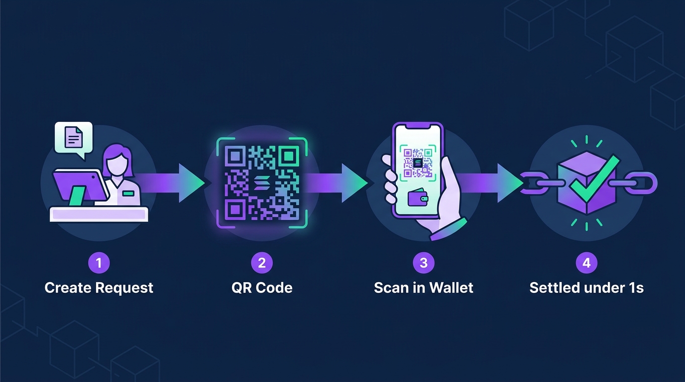 Flow diagram of a Solana Pay transaction — merchant encodes a payment request URL into a QR code, customer scans it with Phantom mobile, approves, and tokens settle on-chain to the merchant wallet in under a second