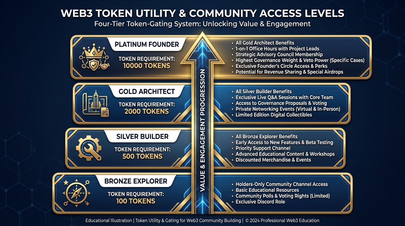 Infographic showing a four-tier token holder system with bronze, silver, gold, and platinum levels, their minimum token requirements, and the exclusive benefits unlocked at each tier
