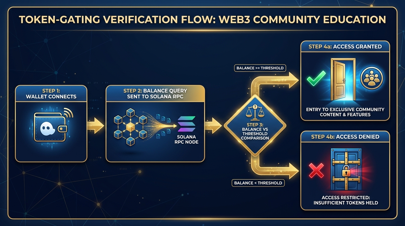 Flowchart showing the token-gating verification process — wallet connects, balance is checked on-chain, threshold comparison happens, and access is granted or denied with labeled steps