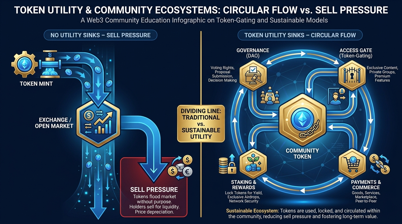 Diagram showing token flow with and without utility sinks — left side shows tokens flooding into an exchange, right side shows tokens circulating through gating, payments, staking, and governance sinks