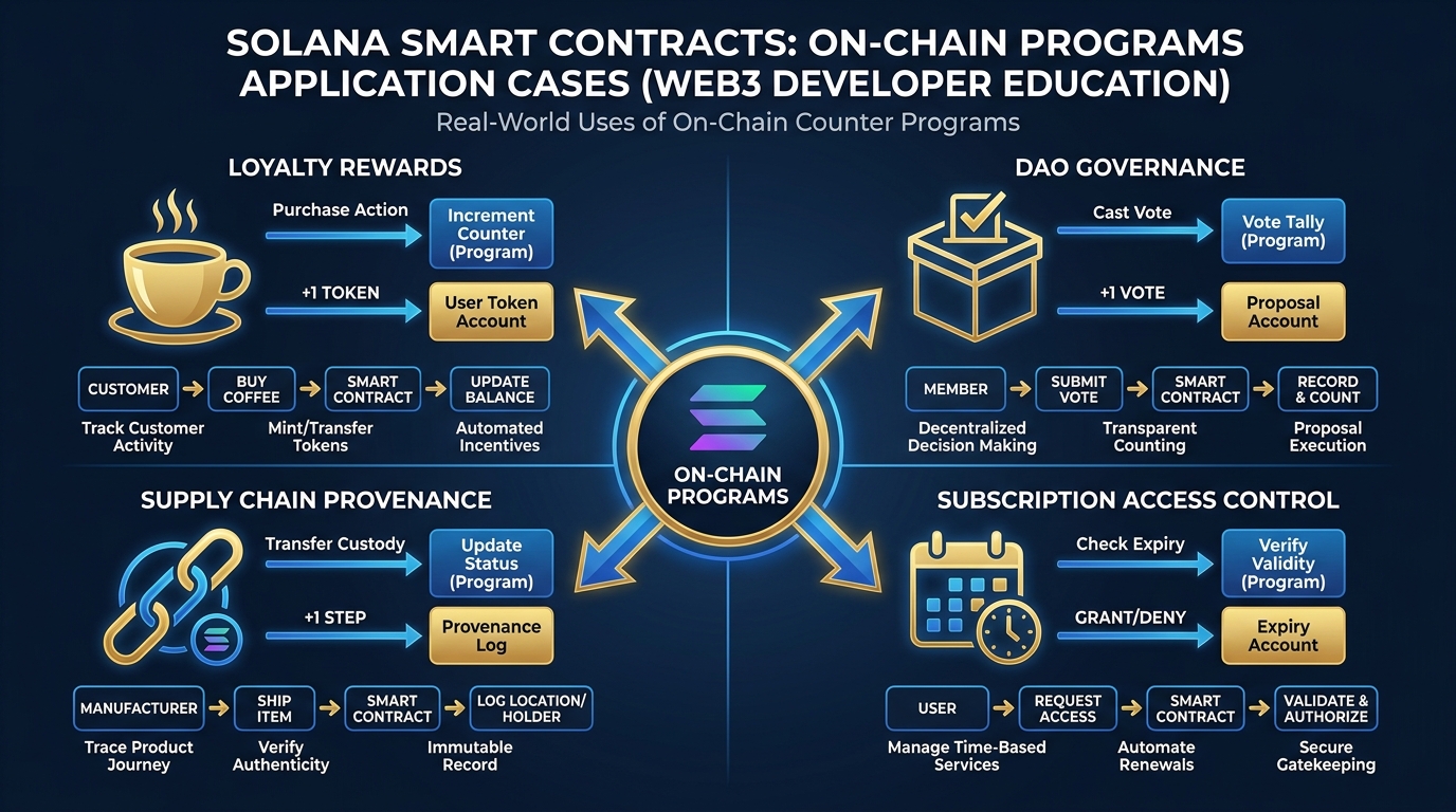 Diagram showing four real-world application domains for Solana programs — loyalty rewards, DAO governance, supply chain provenance, and subscription access control — each with use case arrows