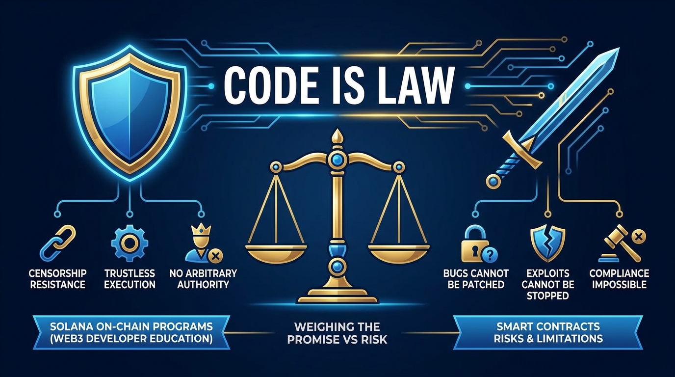 Split illustration showing code-is-law as both shield (protection from arbitrary authority, censorship, corruption) and double-edged sword (bugs cannot be patched, exploits cannot be stopped, compliance becomes impossible)