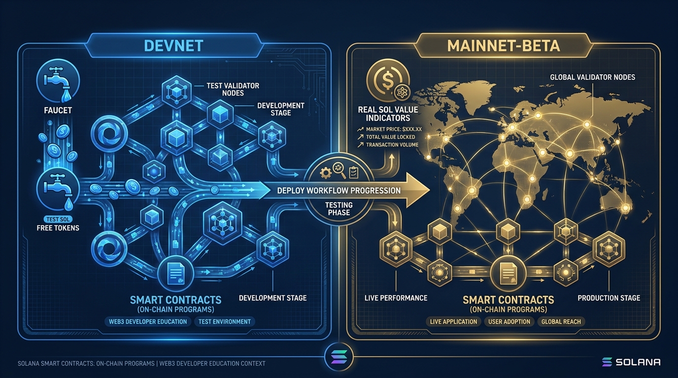 Diagram showing two parallel Solana networks — devnet (free tokens via faucet, no real value, for testing) and mainnet-beta (real SOL with real value, live users) — with arrows showing the deploy workflow from devnet to mainnet