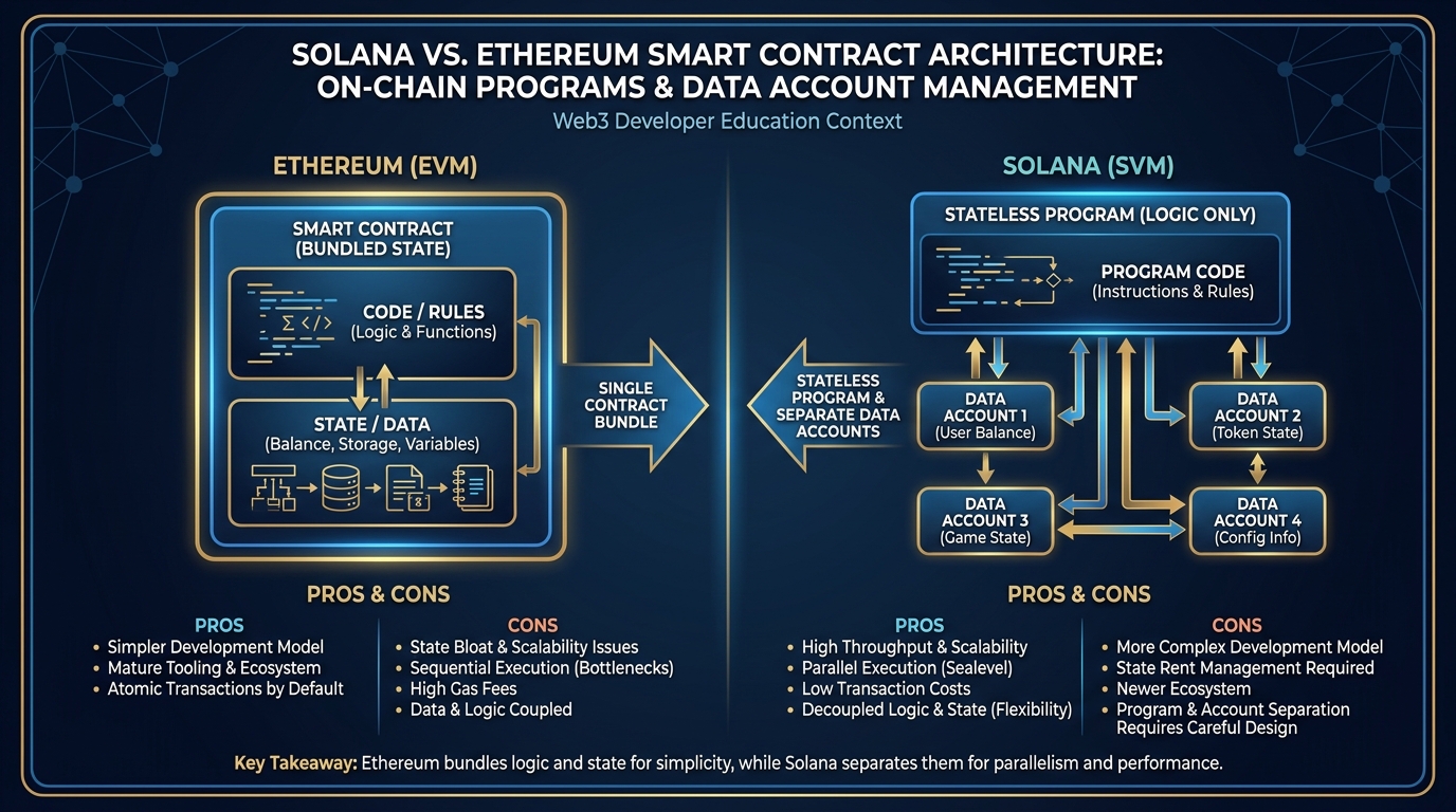 Side-by-side architecture diagram comparing Ethereum smart contract (rules and state bundled together in one contract) versus Solana program (stateless program separate from data accounts that hold state)