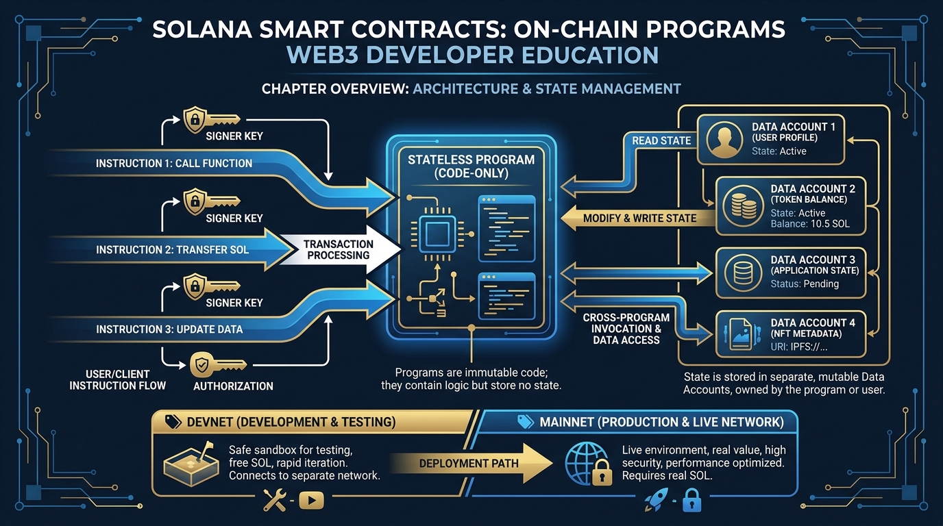 Illustrated explainer infographic showing the anatomy of a Solana program — stateless program box, separate account boxes holding state, instruction arrows, signer key icons, and devnet vs mainnet contrast