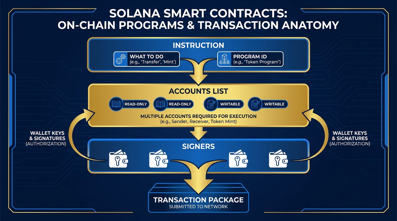 Diagram showing a single Solana transaction composed of three labeled layers: instruction (what to do), accounts list (what data to read or write), and signers (who is authorizing)