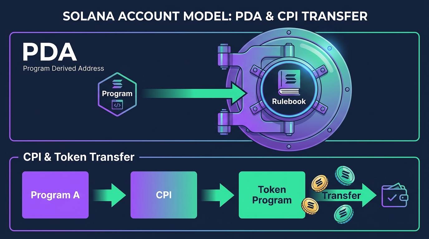 Two-panel diagram — left panel shows a Program Derived Address as a keyless safe holding a token account, controlled only by program logic; right panel shows Cross-Program Invocation as one program calling the SPL Token program's transfer instruction, signing as its PDA