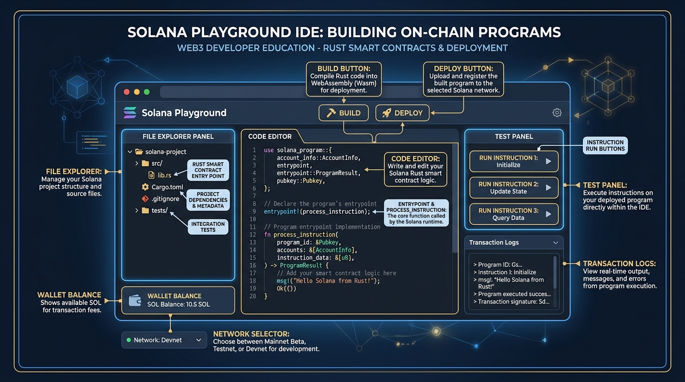 Annotated interface diagram of Solana Playground browser IDE showing the file explorer panel, code editor, build button, deploy button, and test panel with labeled callouts for each element